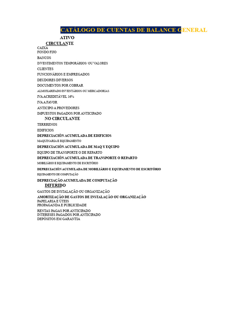 Catálogo de Cuentas de Balance General | PDF | Depreciación | Sector ...