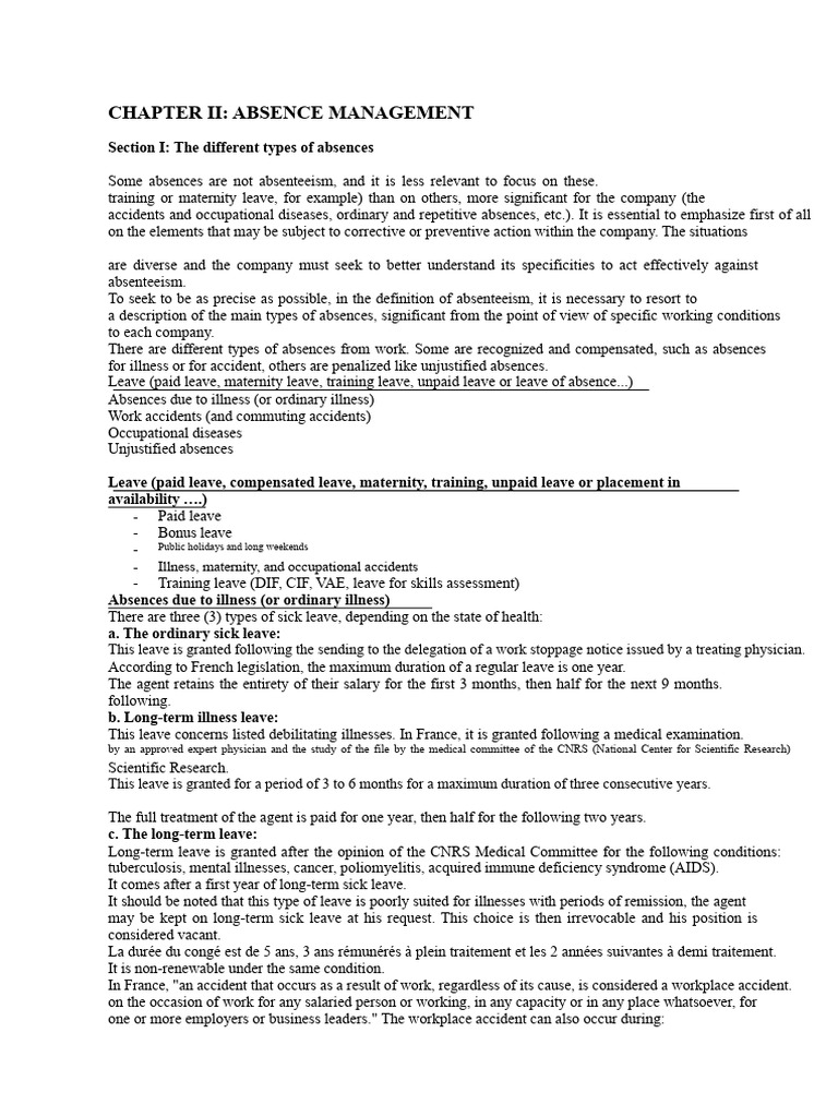 CHAPTER II THE MANAGEMENT OF ABSENCES | PDF | Employment | Parental Leave