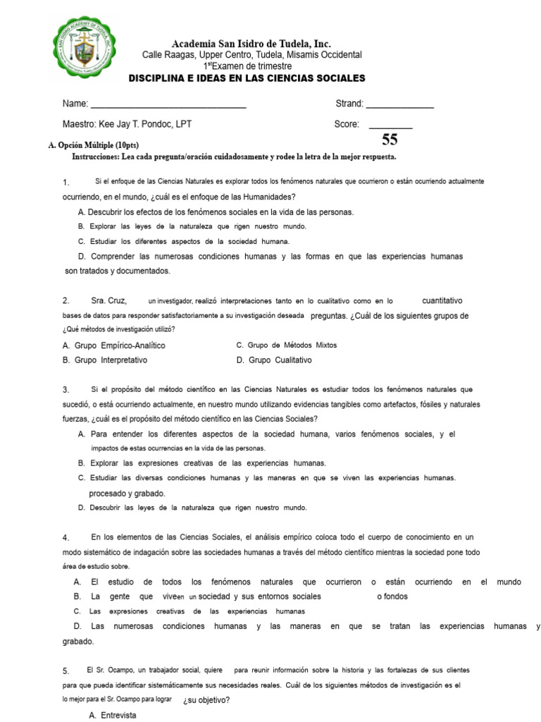 Examen de Ciencias Sociales - Academia San Isidro | PDF | Sociedad ...