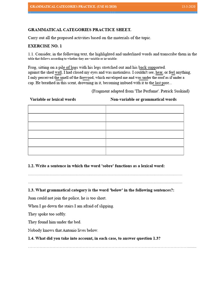Grammatical Categories Practice Exercises | PDF | Grammatical Gender ...