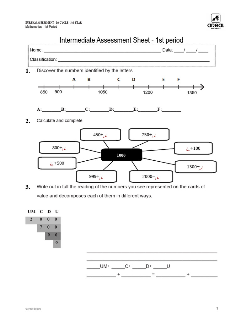Mathematics - 3rd Grade - Midterm Assessment Sheet 1st Term | PDF ...
