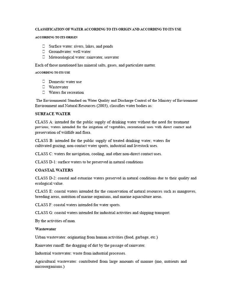 Water Classification by Origin and Use | PDF | Water | Water Pollution