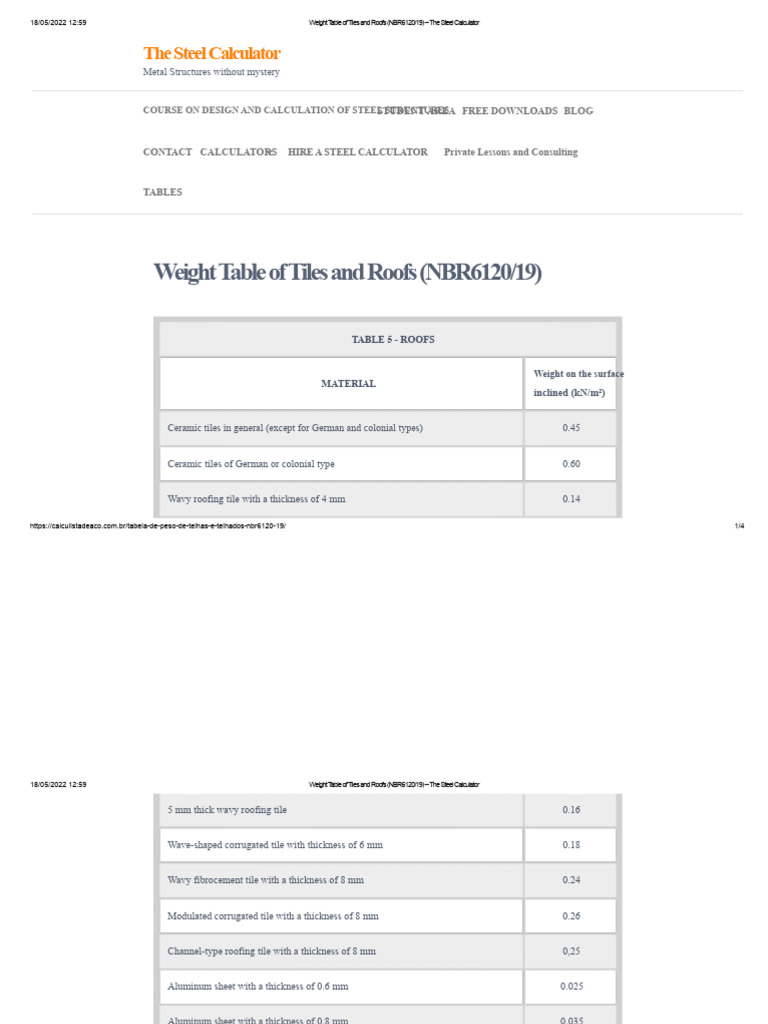 Roof Tile Weight Table NBR6120/19 | PDF | Roof | Tile