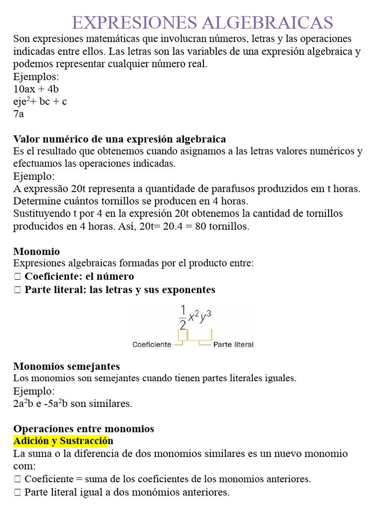 Guía de Expresiones Algebraicas y Operaciones | PDF | Multiplicación ...