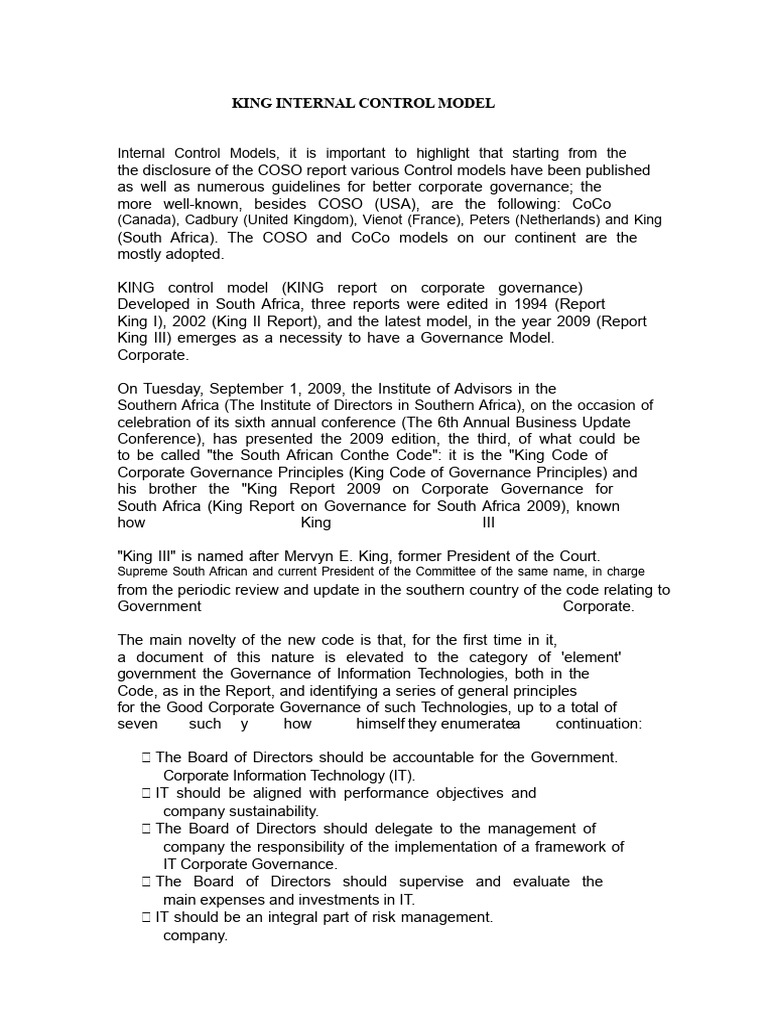 KING Internal Control Model | PDF | Corporate Governance | Internal Audit