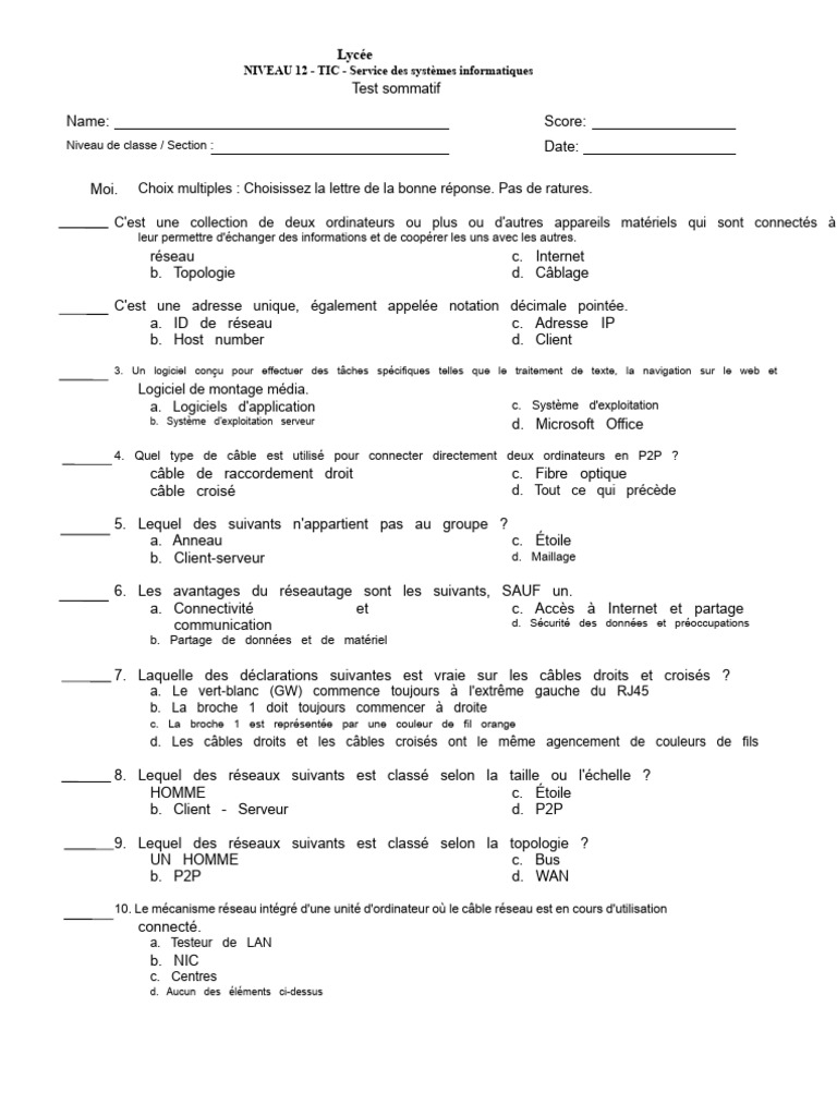 Test sommatif TIC Niveau 12 | PDF | Adresse IP | Serveur (Informatique)
