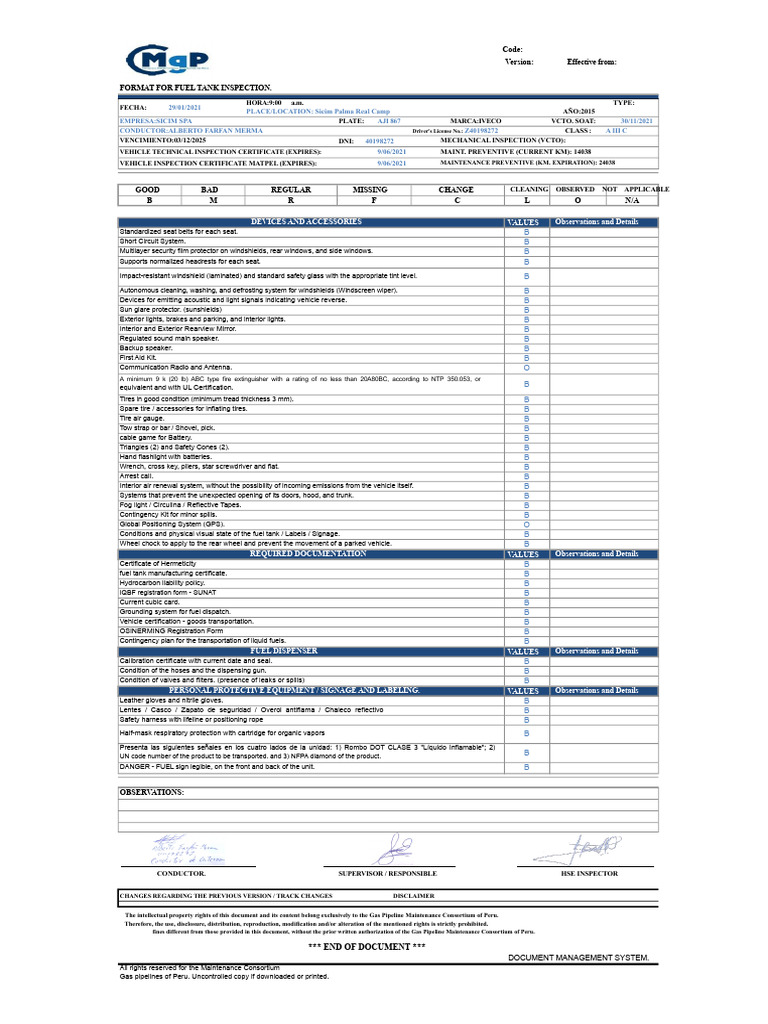 Fuel Tank Inspection Checklist 2021 | PDF | Tire | Vehicles