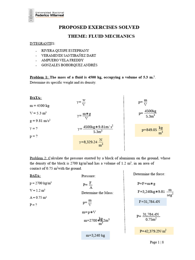 Fluid Mechanics Exercises Solved | PDF | Density | Volume