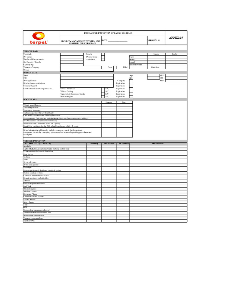 Cargo Vehicle Inspection Checklist | PDF | Trailer (Vehicle) | Tractor