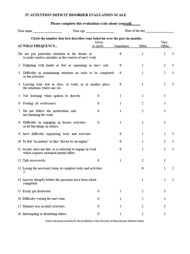 ADHD Evaluation Scale Questionnaire | PDF | Attention Deficit ...
