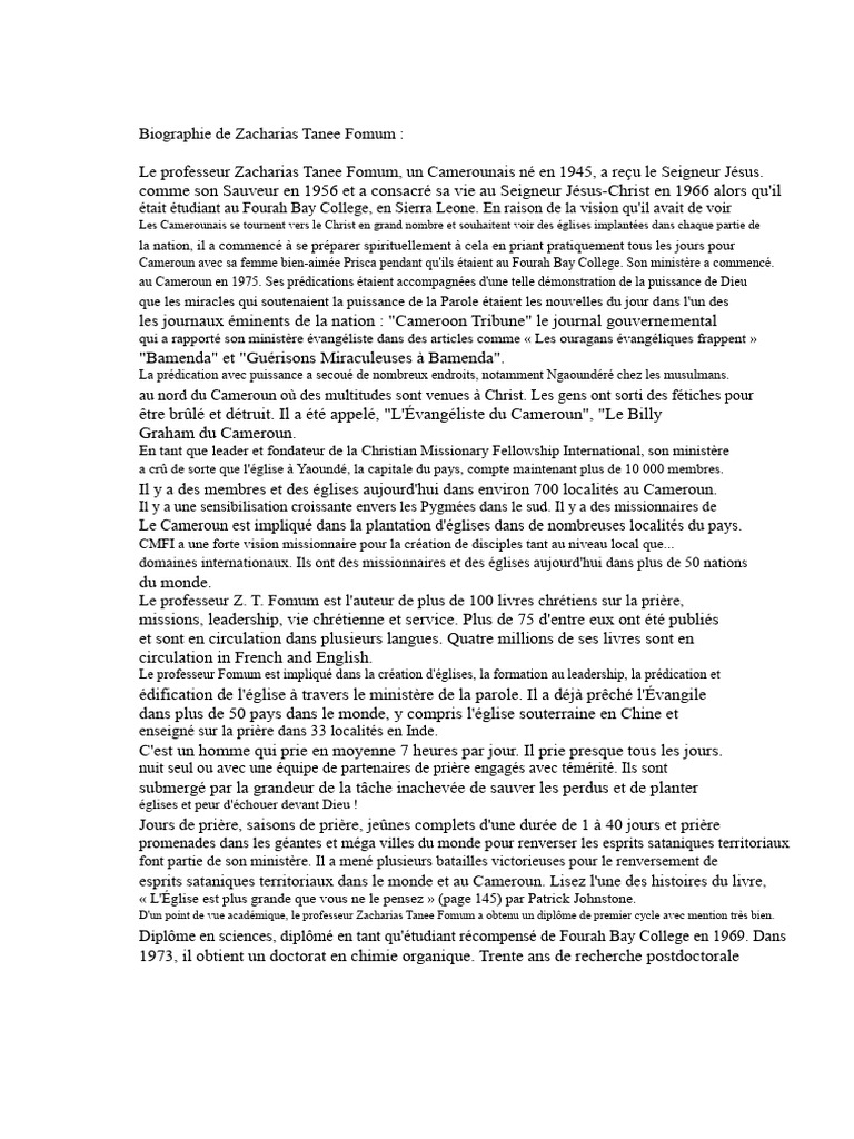 Biographie de Zacharias Tanee Fomum | PDF | Jésus | Évangélisme