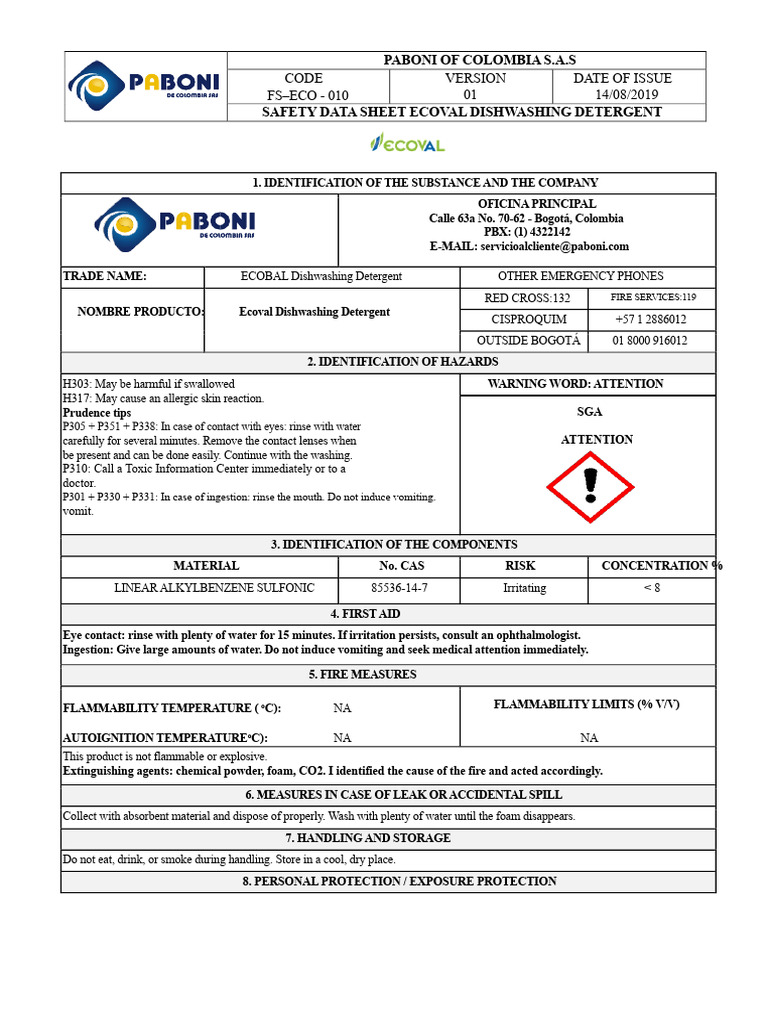 Ecoval Dishwashing Detergent Safety Data | PDF | Detergent | Safety