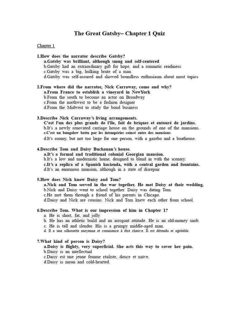 The Great Gatsby Chapter 1 Quiz | PDF | The Great Gatsby | Modernist Novels