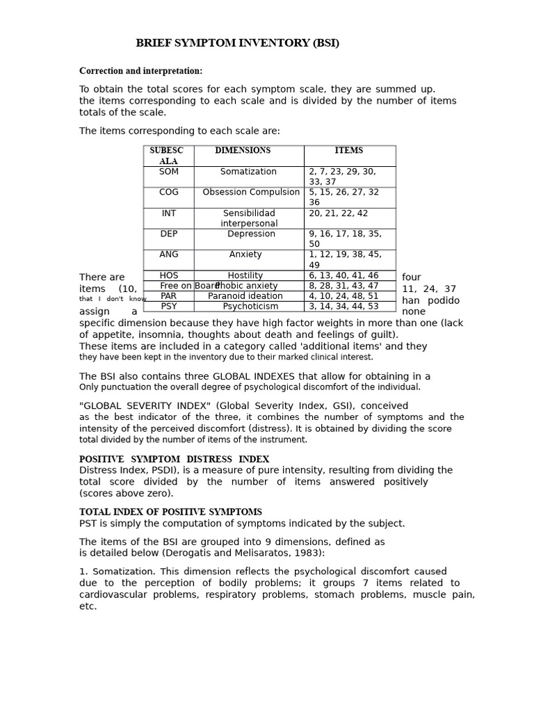 Brief Symptom Inventory (BSI) Guide | PDF | Anxiety | Psychological ...
