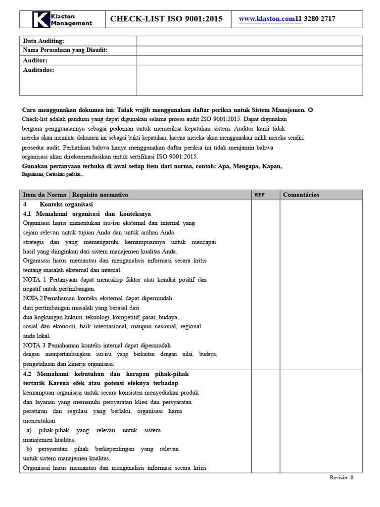 Daftar Periksa Audit ISO 9001:2015 | PDF