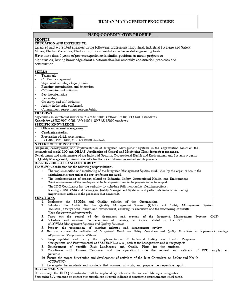 HSEQ Coordinator Role and Responsibilities | PDF | Occupational Safety ...