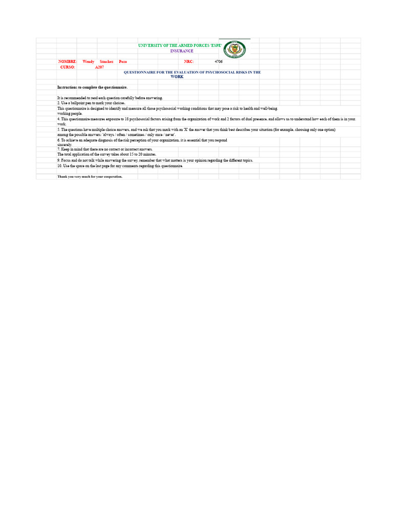 Psychosocial Risk Evaluation Questionnaire | PDF | Questionnaire | Risk