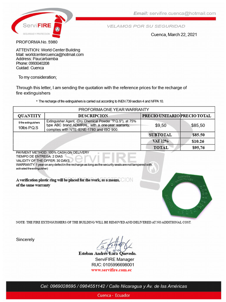 Fire Extinguisher Recharge Quotation | PDF