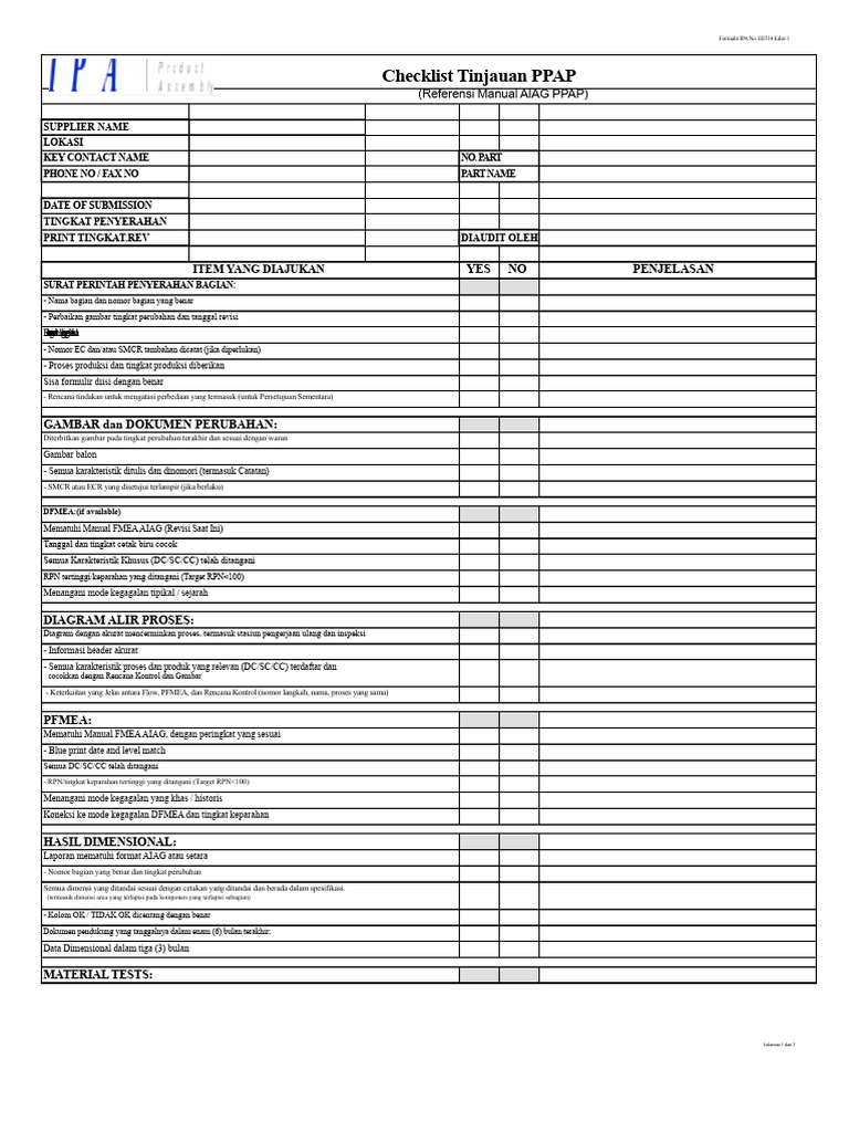 Checklist PPAP Formulir IPA EE514 | PDF