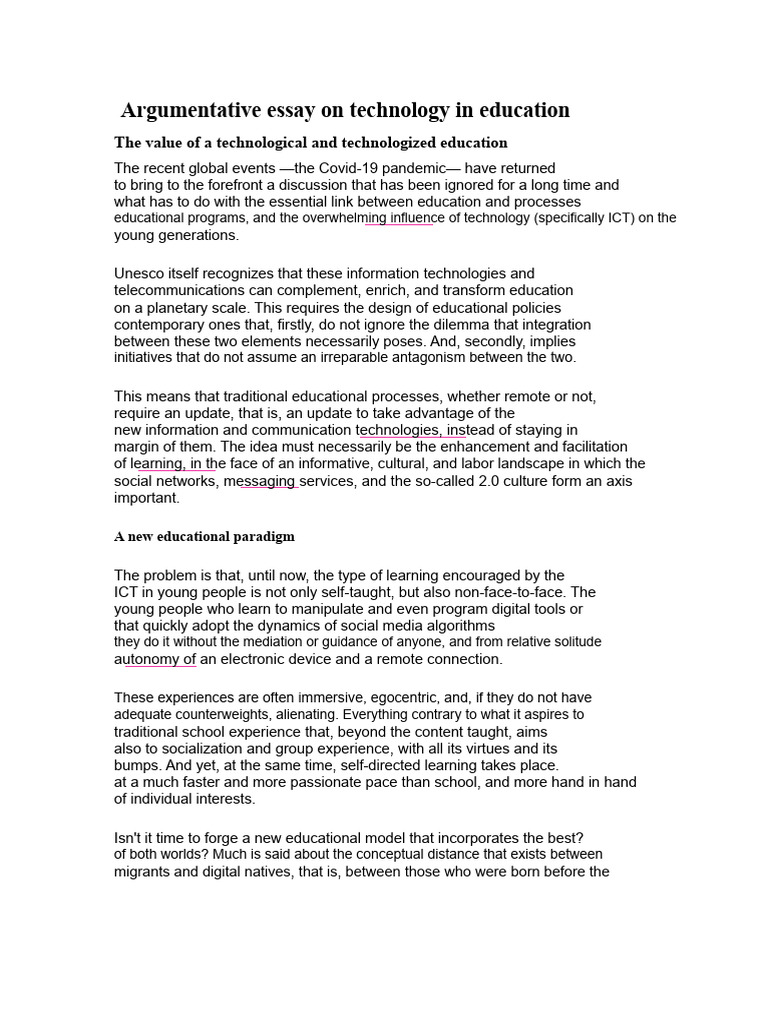 Argumentative Essay On Technology In Education Docx Pdf Educational