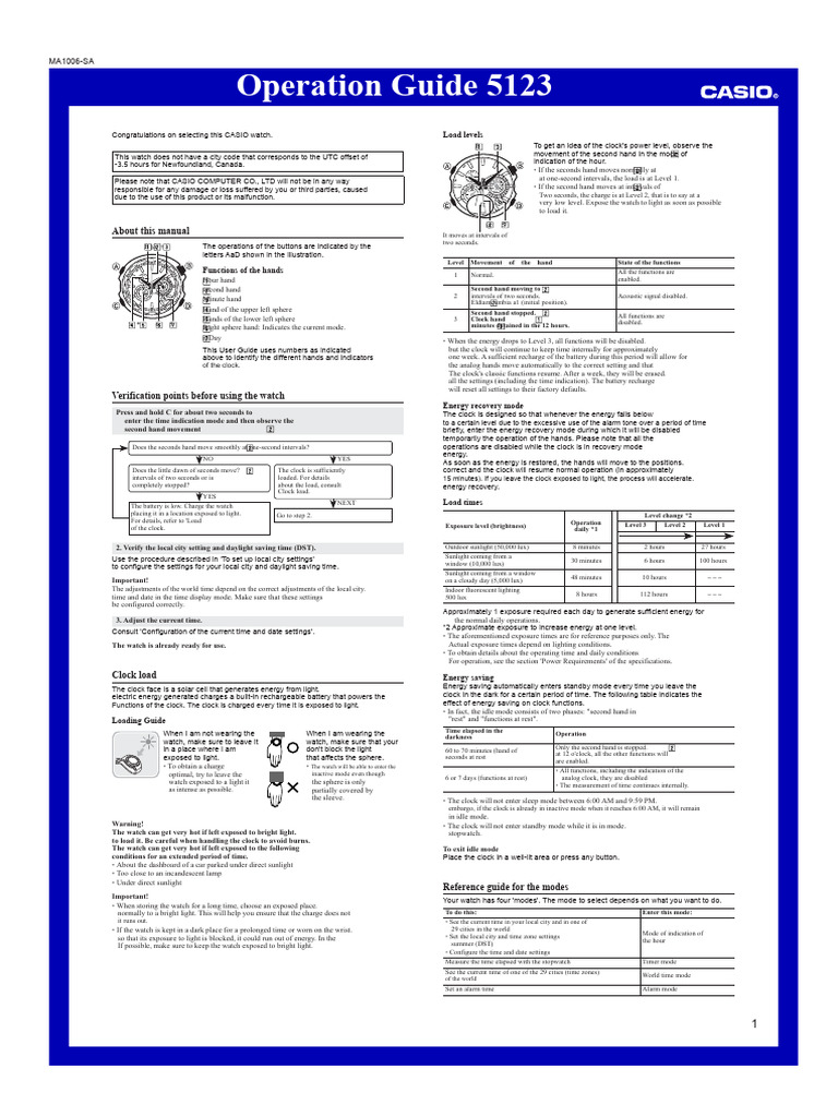 CASIO Watch Operation and Load Guide | PDF | Daylight Saving Time | Clock