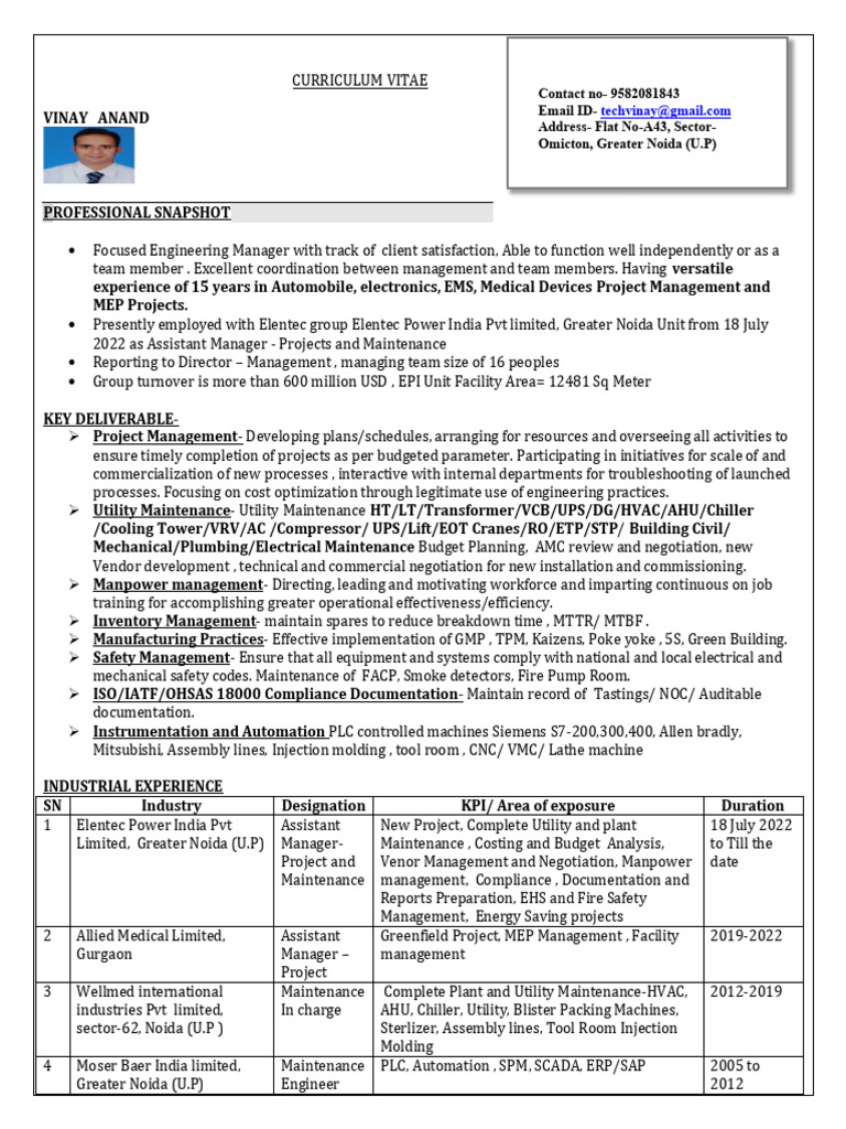 Vinay Anand: Engineering Manager CV | PDF | Supply Chain | Risk Management