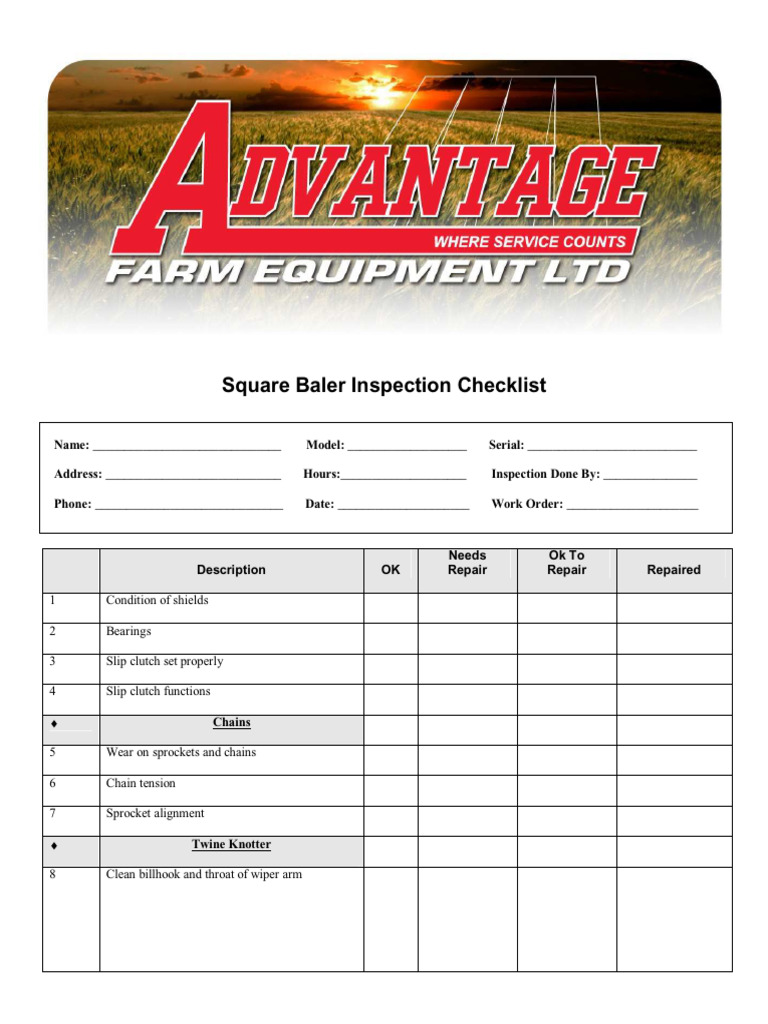 Square Baler Inspection Checklist | PDF | Belt (Mechanical) | Gear