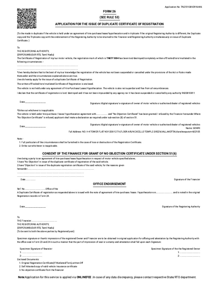 Duplicate Vehicle Registration Application | PDF