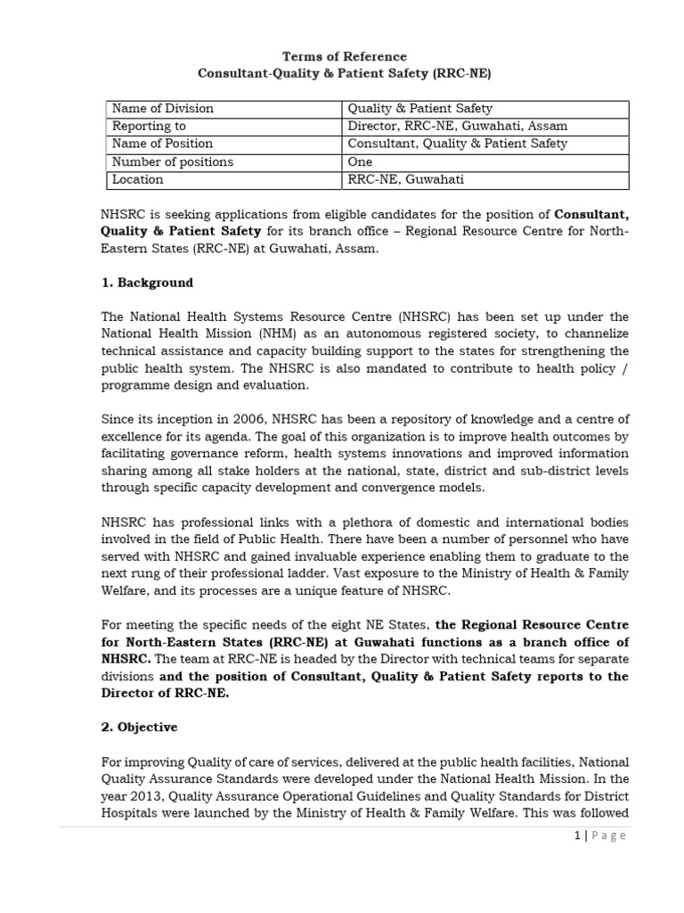 Terms of Reference, Consultant-Quality & Patient Safety (RRC-NE) | PDF ...