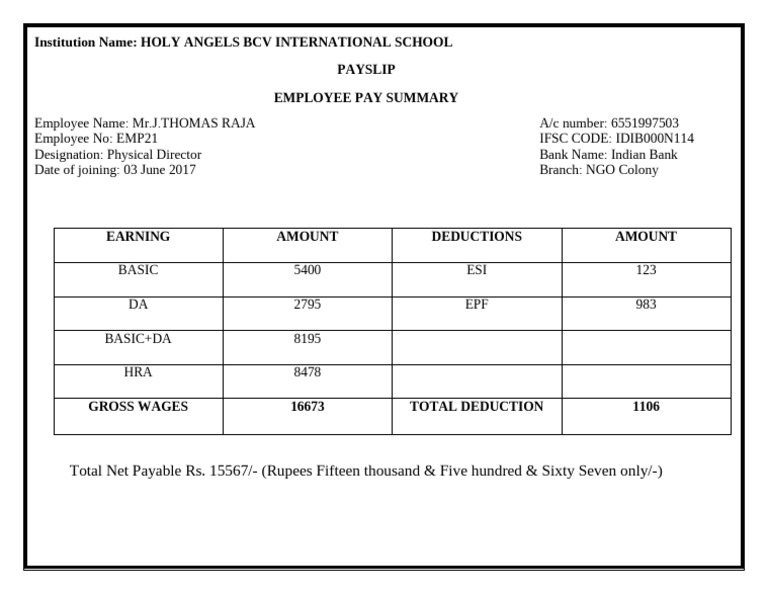 Pay Slip For Thomas Raja | PDF