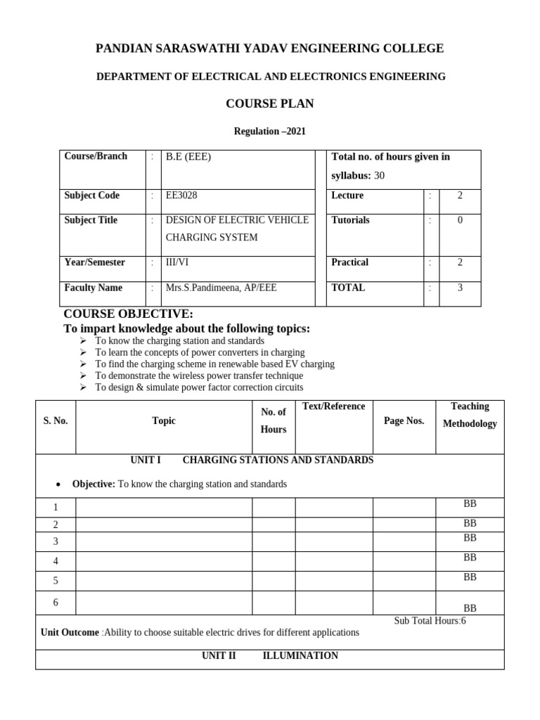 Electric Vehicle Charging System Course Plan | PDF | Engineering | Lighting