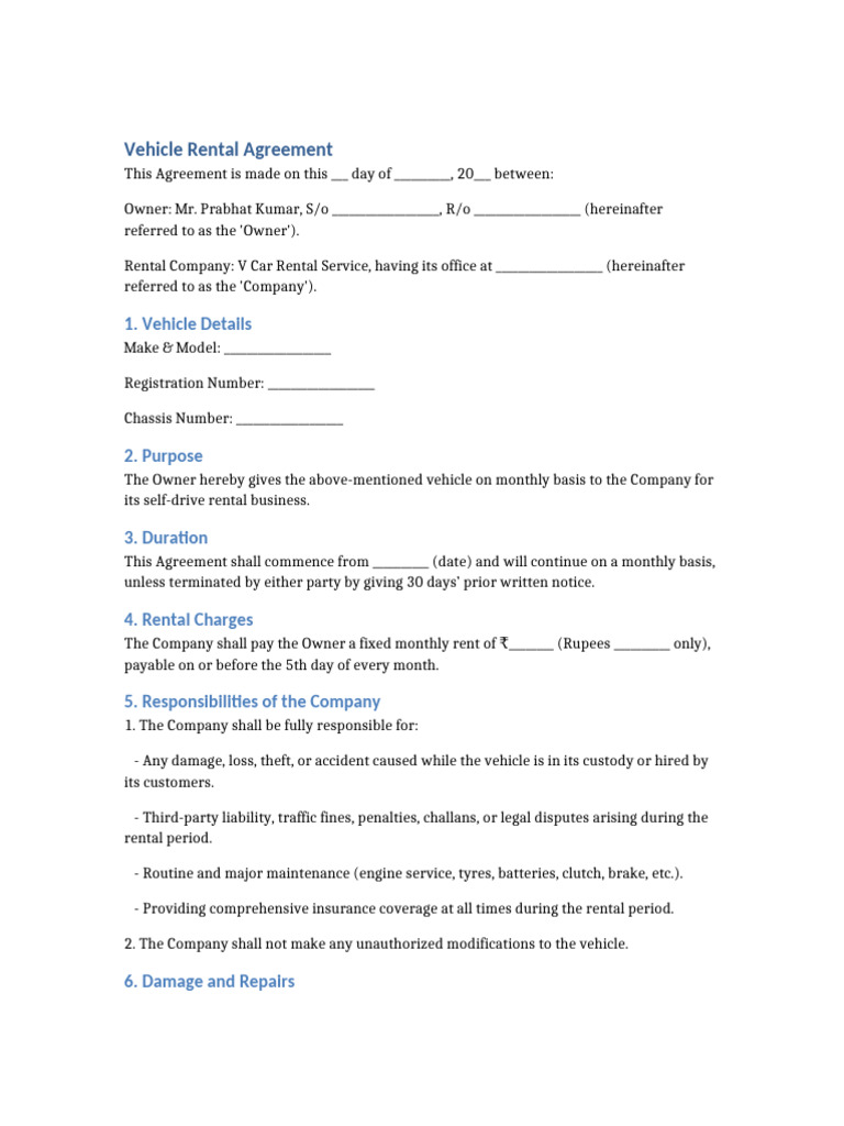 Vehicle Rental Agreement Template | PDF | Indemnity | Private Law