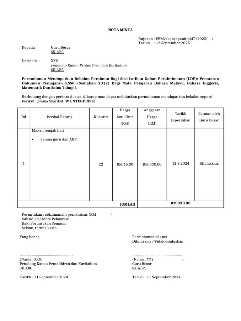 Nota Minta Panitia Matematik | PDF