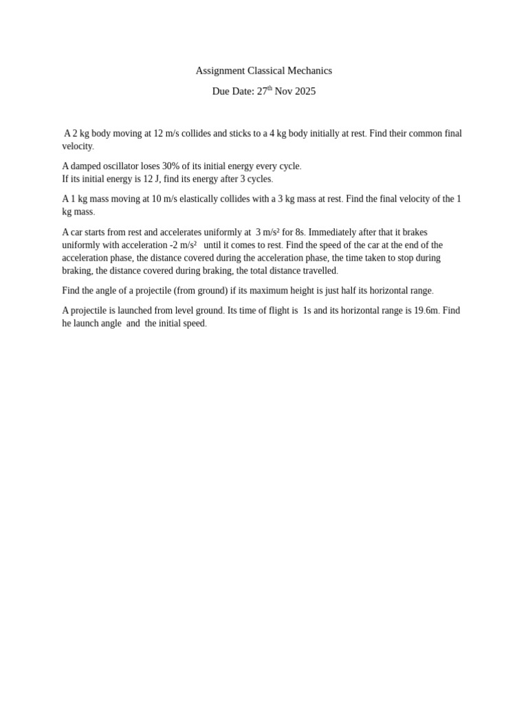 Classical Mechanics Assignment Problems | PDF