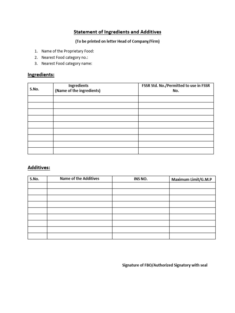 Proprietary Food Ingredient Statement | PDF