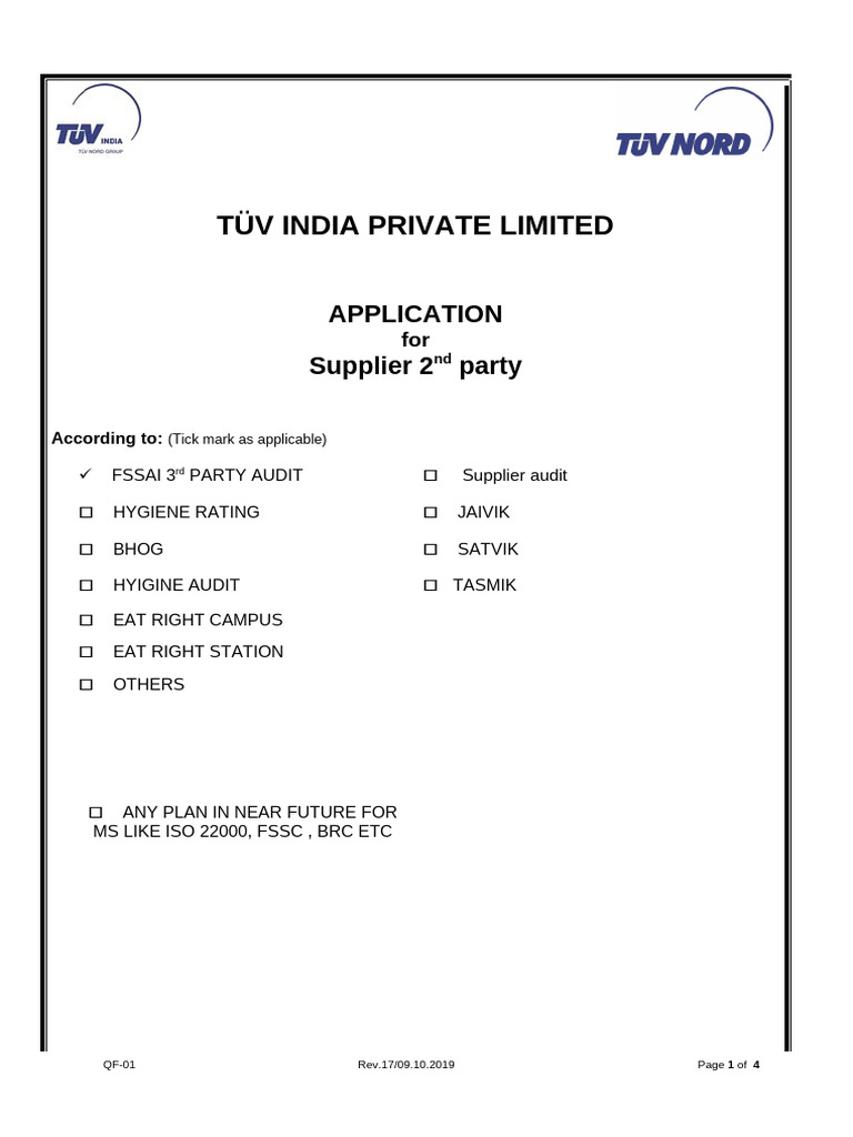 Supplier Audit Application Form | PDF