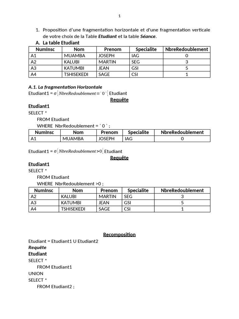 Fragmentation des Tables Étudiant et Séance | PDF