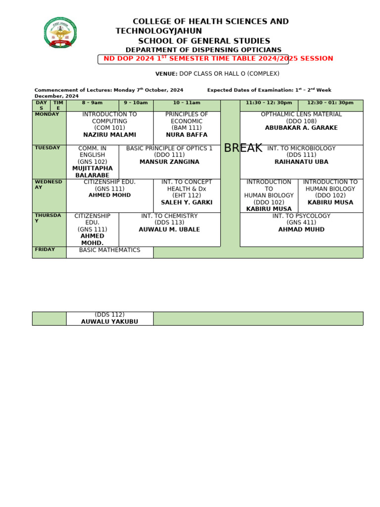 Dop 2024 1st Semester Time Table | PDF