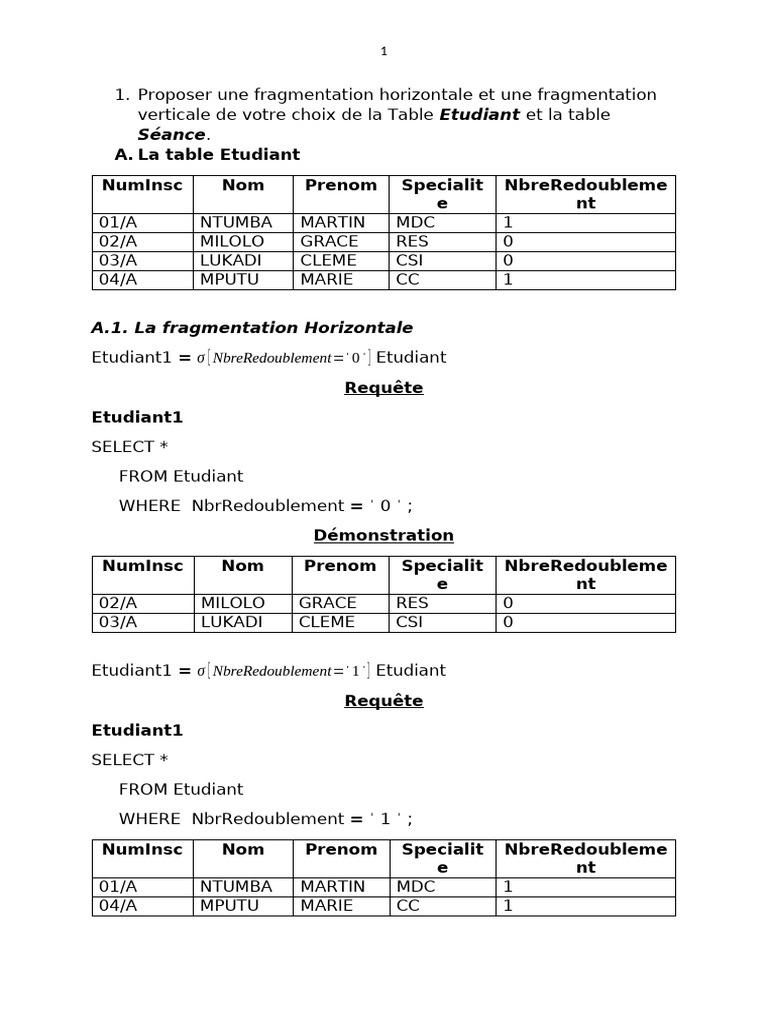 Fragmentation des tables Étudiant et Séance | PDF
