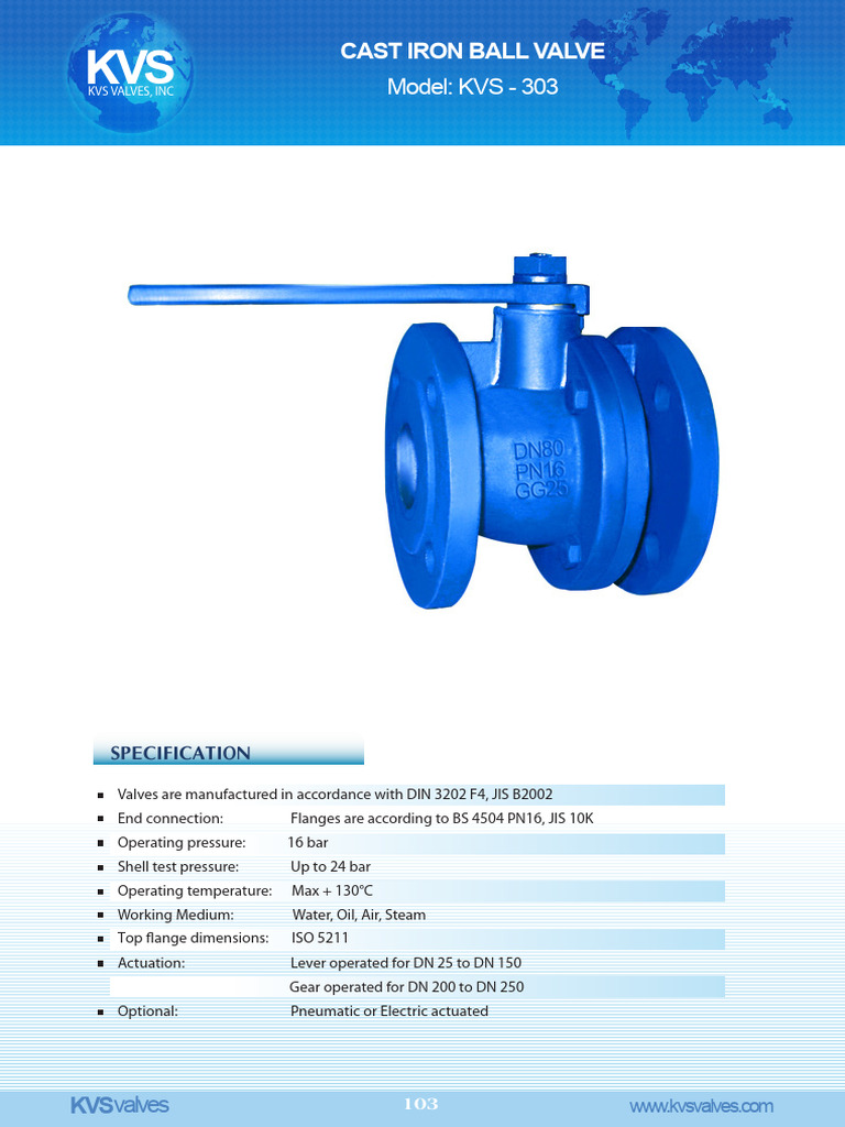 KVS Cast Iron Ball Valve Specifications | PDF | Valve | Gas Technologies