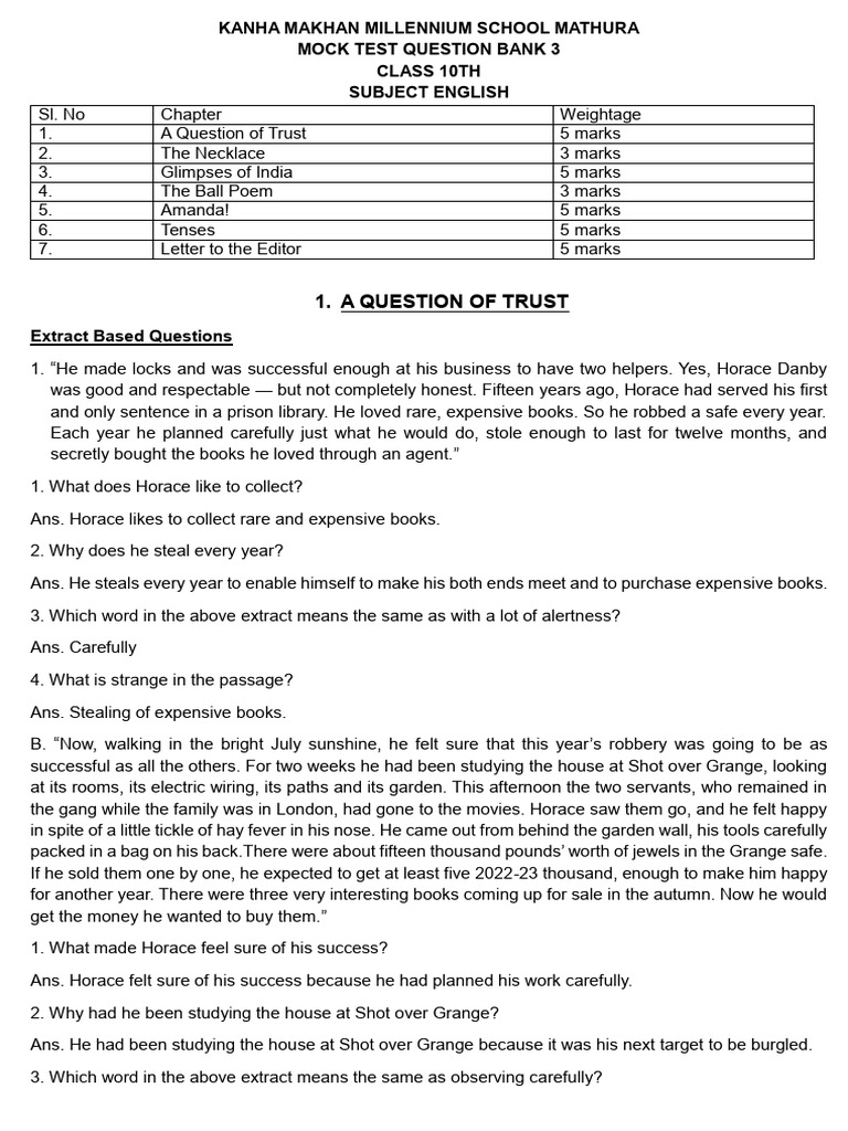 Class 10 English Mock Test Question Bank | PDF