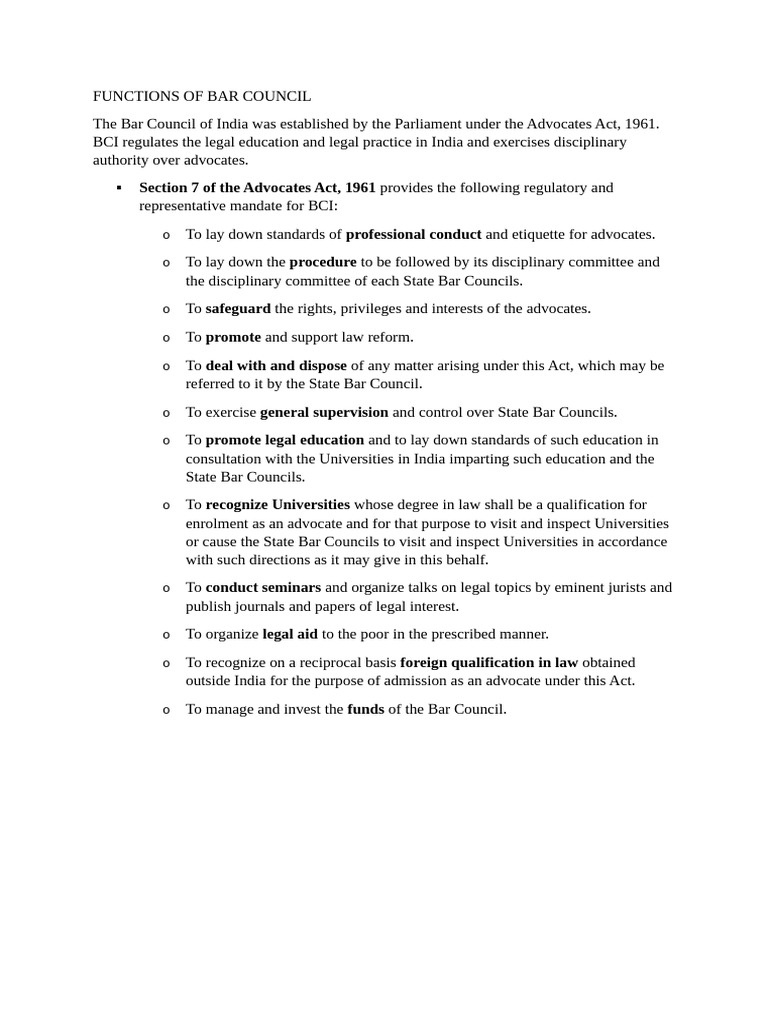 Functions of Bar Council | PDF | Advocate | Legal Documents