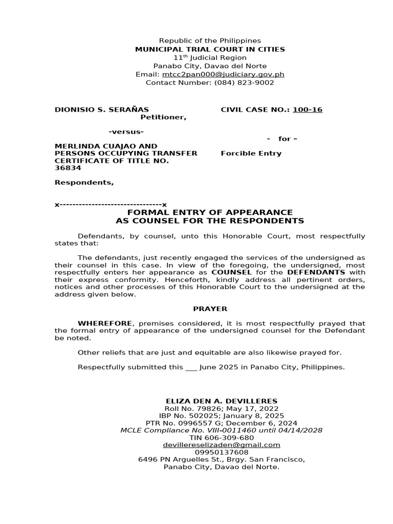 Formal Entry of Appearance | PDF | Justice | Crime & Violence