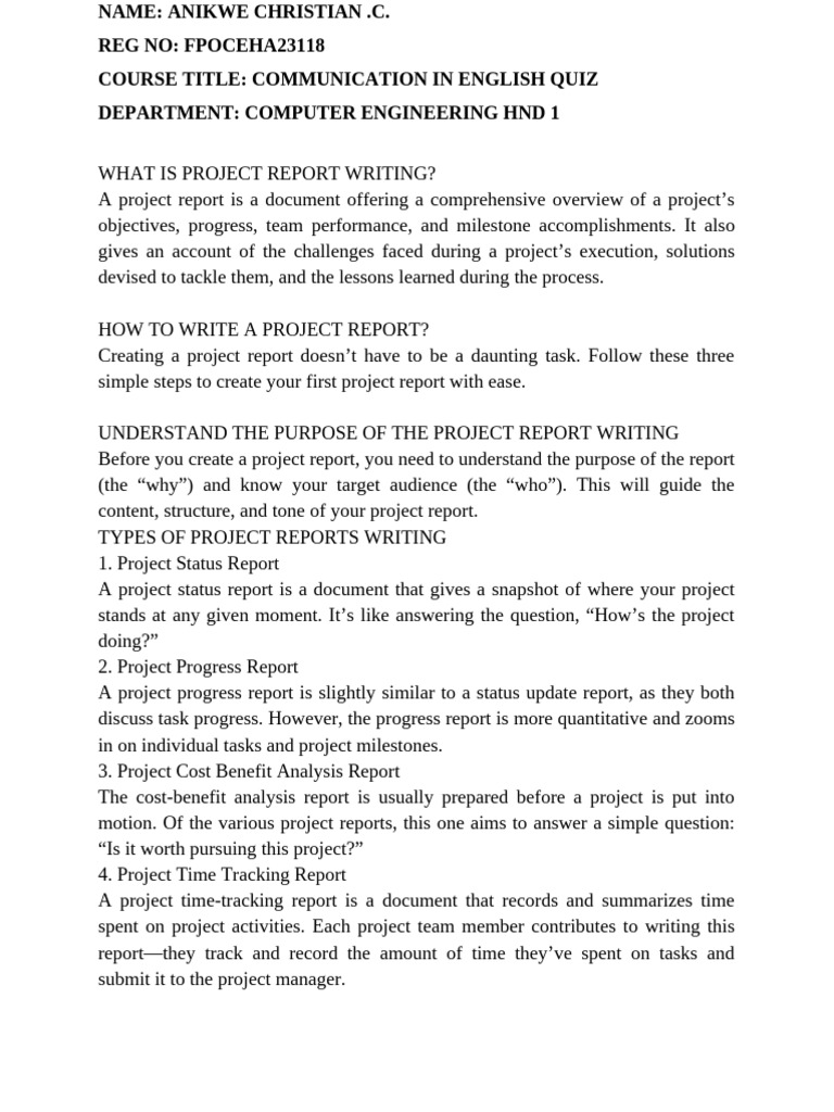A Project Report Is A Written Document That Presents Detailed ...