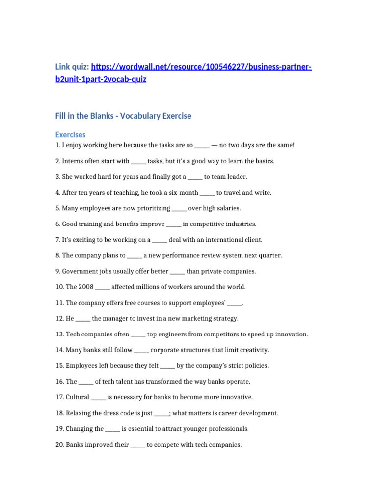 BP B2 - Unit 1 - Part 2 - Vocab Quiz | PDF