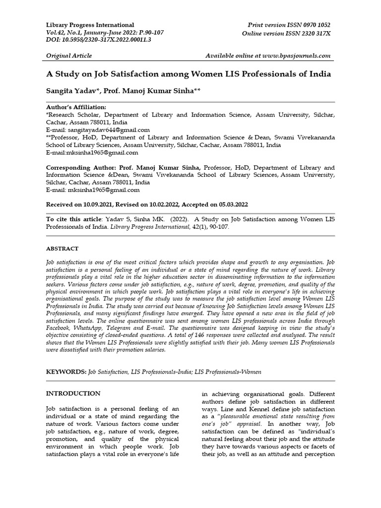 Job Satisfaction of Women LIS Professionals | PDF | Job Satisfaction ...