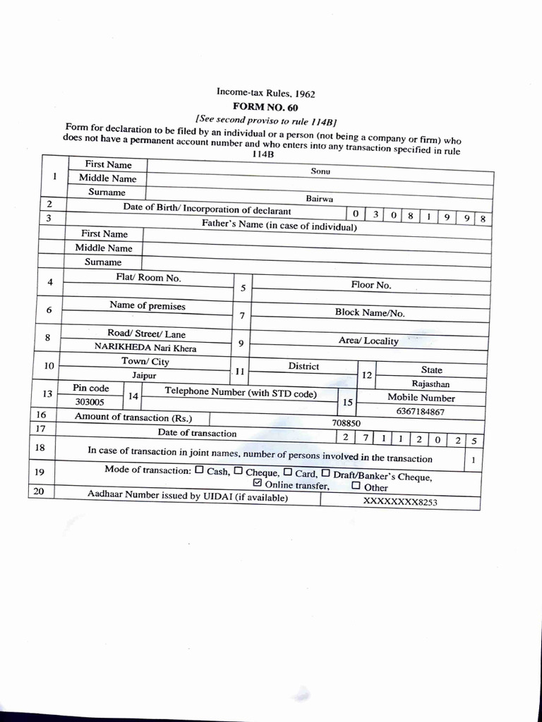 Income Tax Declaration Form No. 60 | PDF | Identity Document