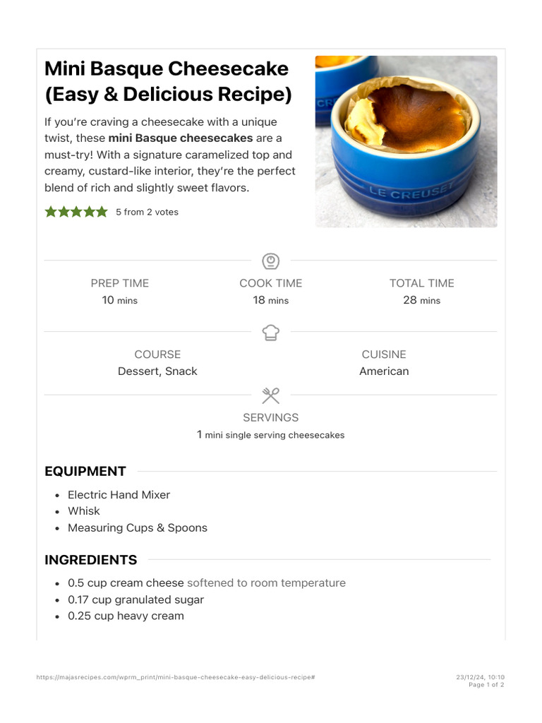 Easy Mini Basque Cheesecake Recipe | PDF | Teaspoon | Cheesecake