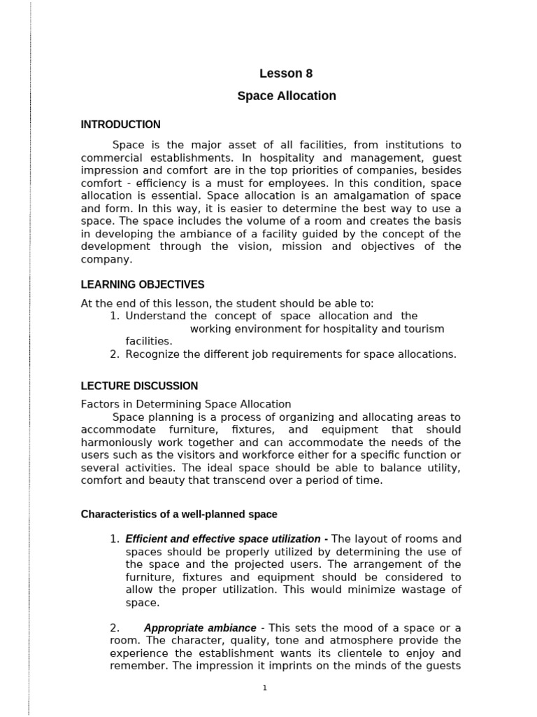 Space Allocation in Hospitality Design | PDF | Restaurants | Hotel