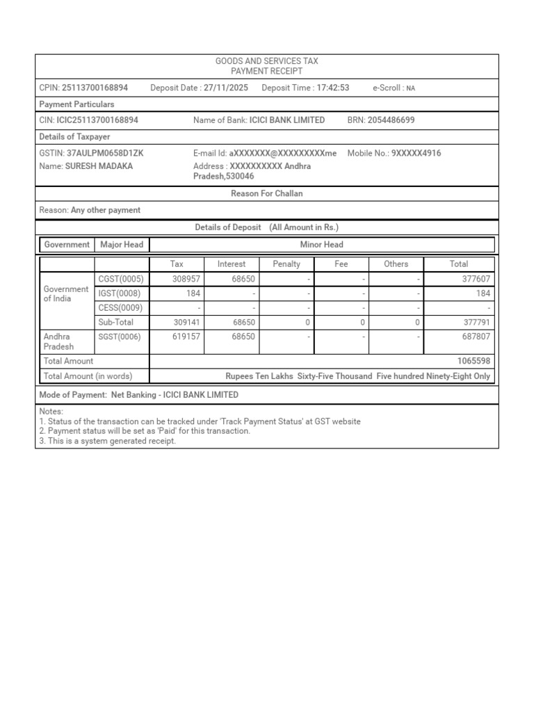 GST Payment Receipt for Suresh Madaka | PDF